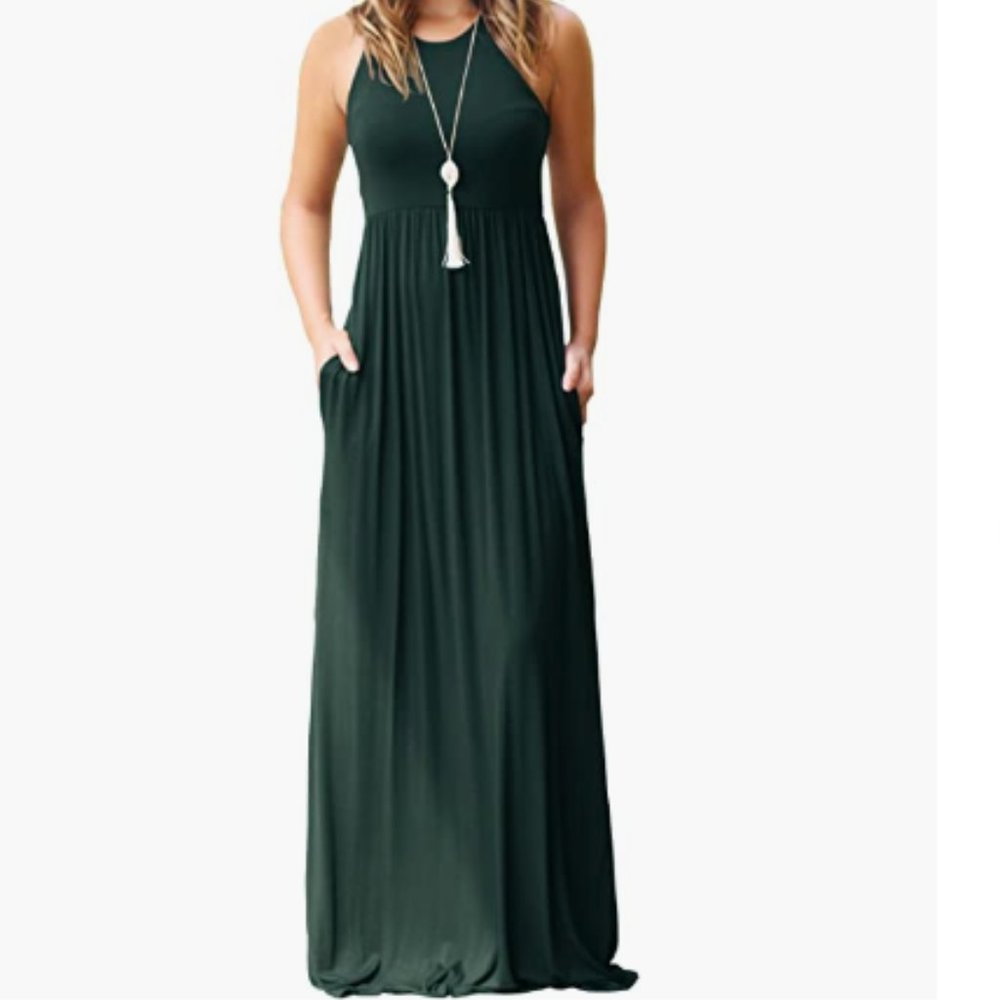 NWT GRECERELLE Sleeveless Racerback Dark Green Maxi Dress With Pockets Size XL